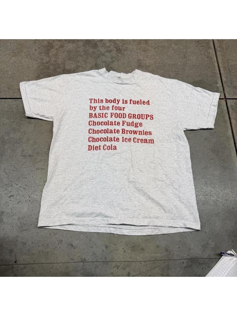 vintage body is fueled by four basic foods chocolate ice cream joke grey shirt